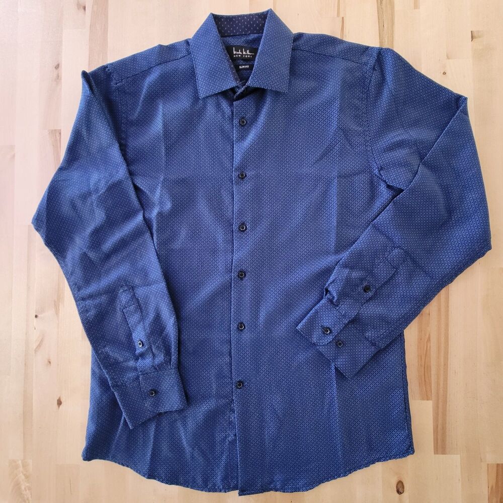 Men's Dressy Button Up Shirt SZ M 15-15.5 Blue Geometric Slim Preppy